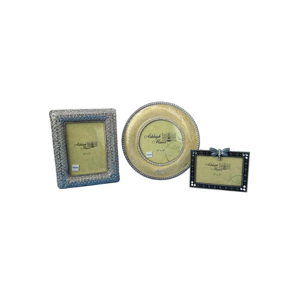Ashleigh Manor Lot Of 3 Frames Pewter & Enameled Dragonfly Small Mini Frames